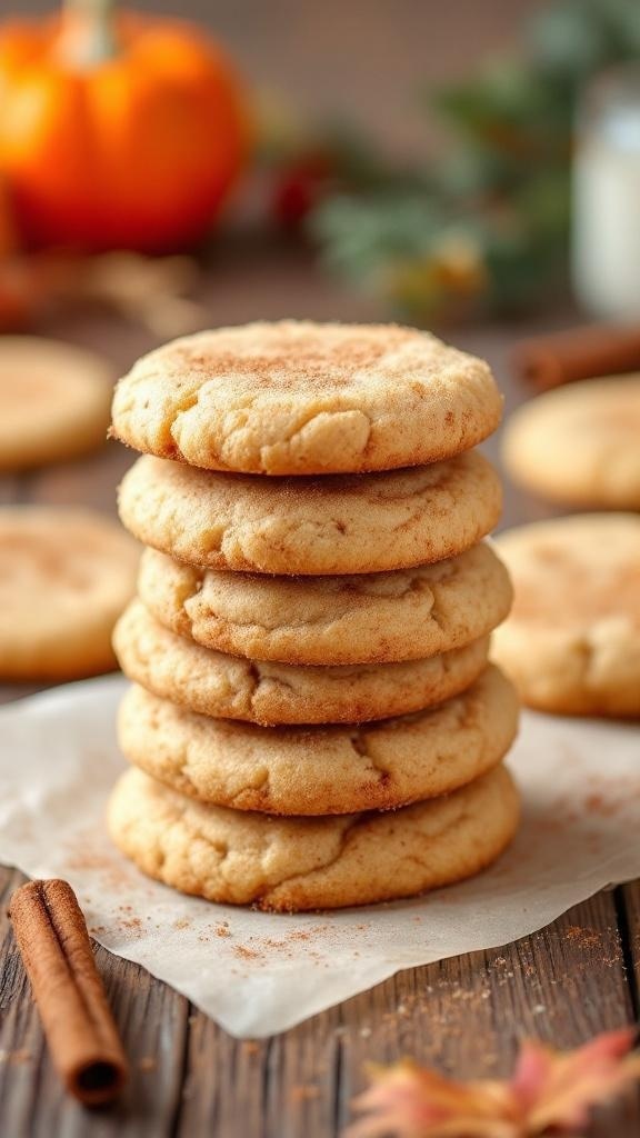 A stack of nutty keto snickerdoodle cookies on a wooden table with a cinnamon stick and autumn decorations.