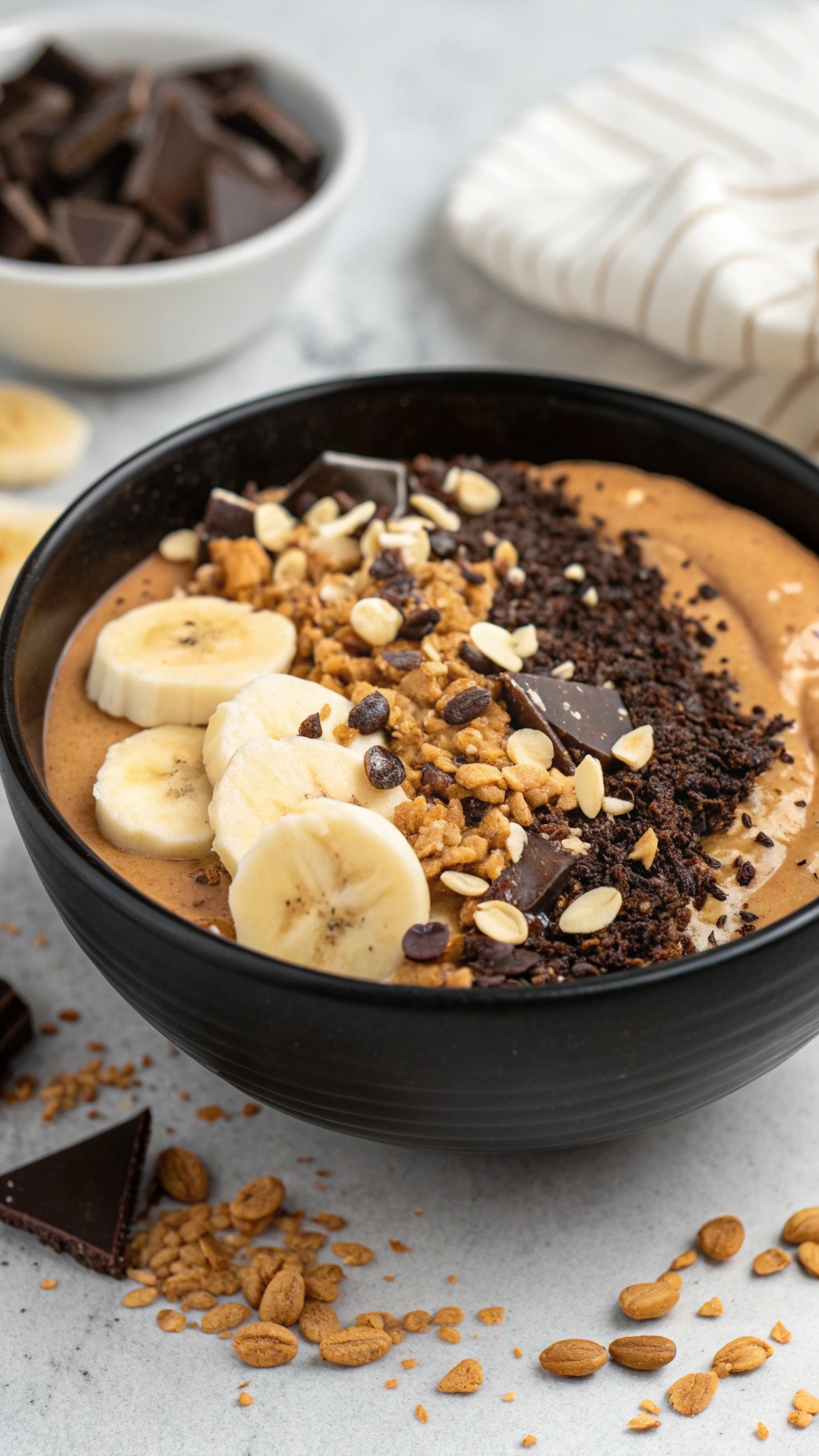 Nutty Peanut Butter Chocolate Bowl with banana slices, granola, and chocolate chips