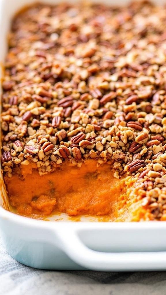 A delicious Nutty Pecan Sweet Potato Casserole topped with crunchy pecans, perfect for fall gatherings.