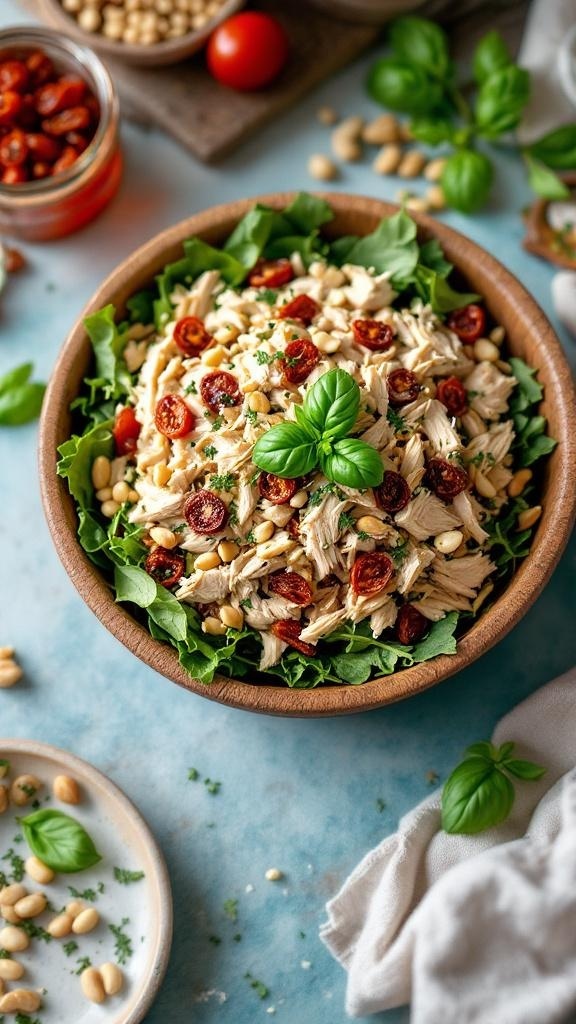 A bowl of Nutty Pesto Rotisserie Chicken Salad with sun-dried tomatoes, pine nuts, and fresh basil.