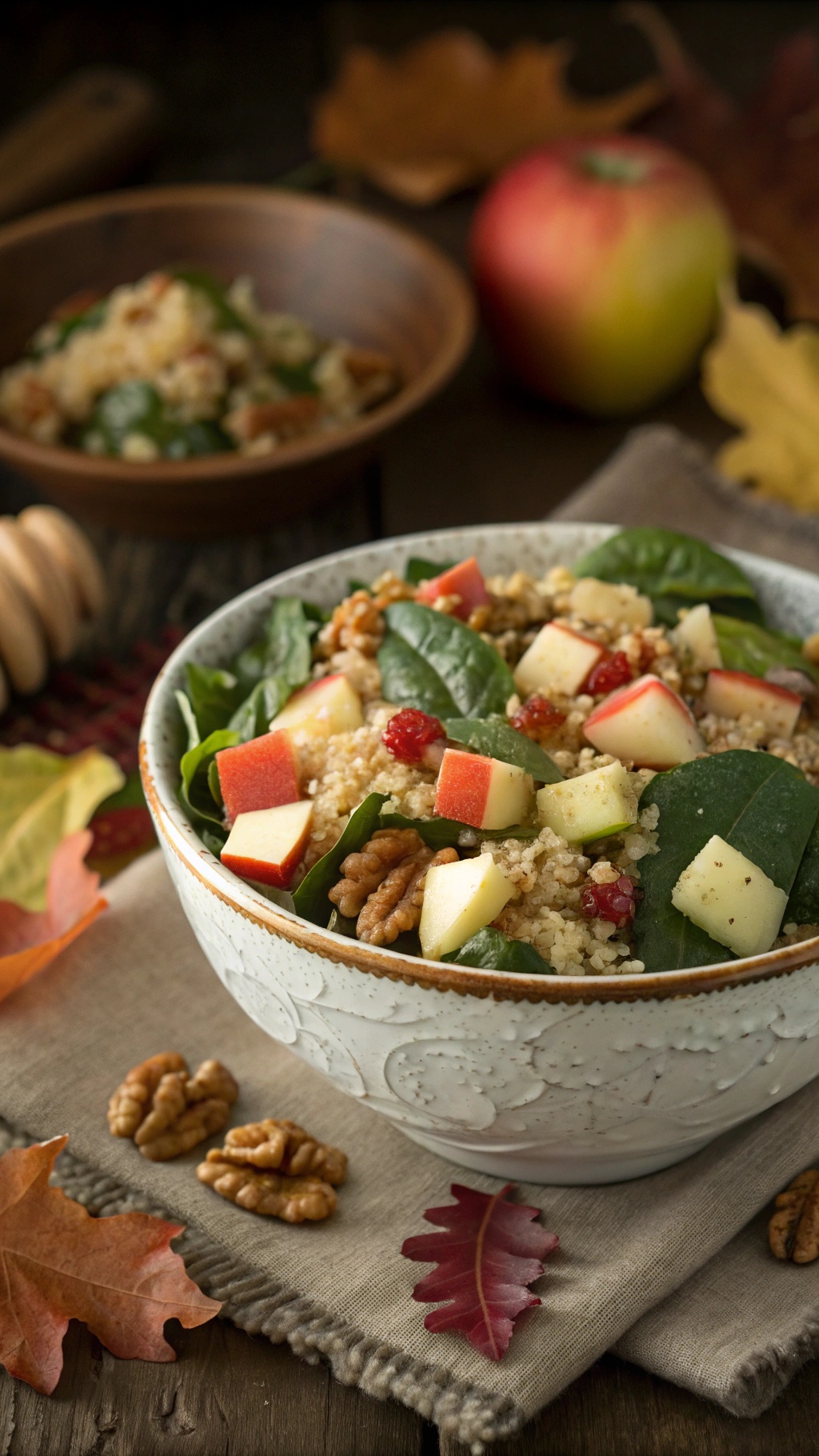 A vibrant bowl of Nutty Quinoa and Apple Salad with spinach, walnuts, and cranberries, surrounded by autumn leaves.