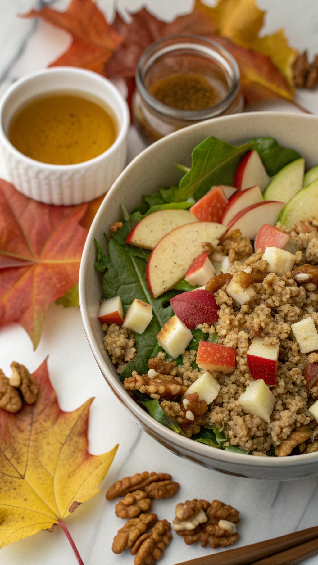 A bowl of Nutty Quinoa and Apple Salad with maple dressing, featuring quinoa, diced apples, walnuts, and spinach, surrounded by autumn leaves.