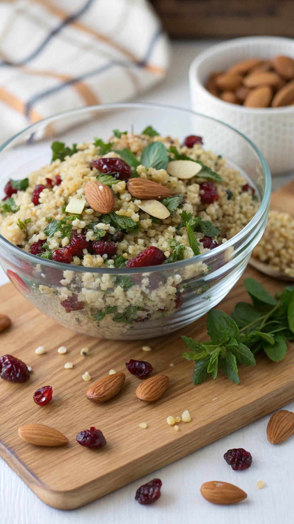 A bowl of Nutty Quinoa and Cranberry Salad with almonds and herbs.