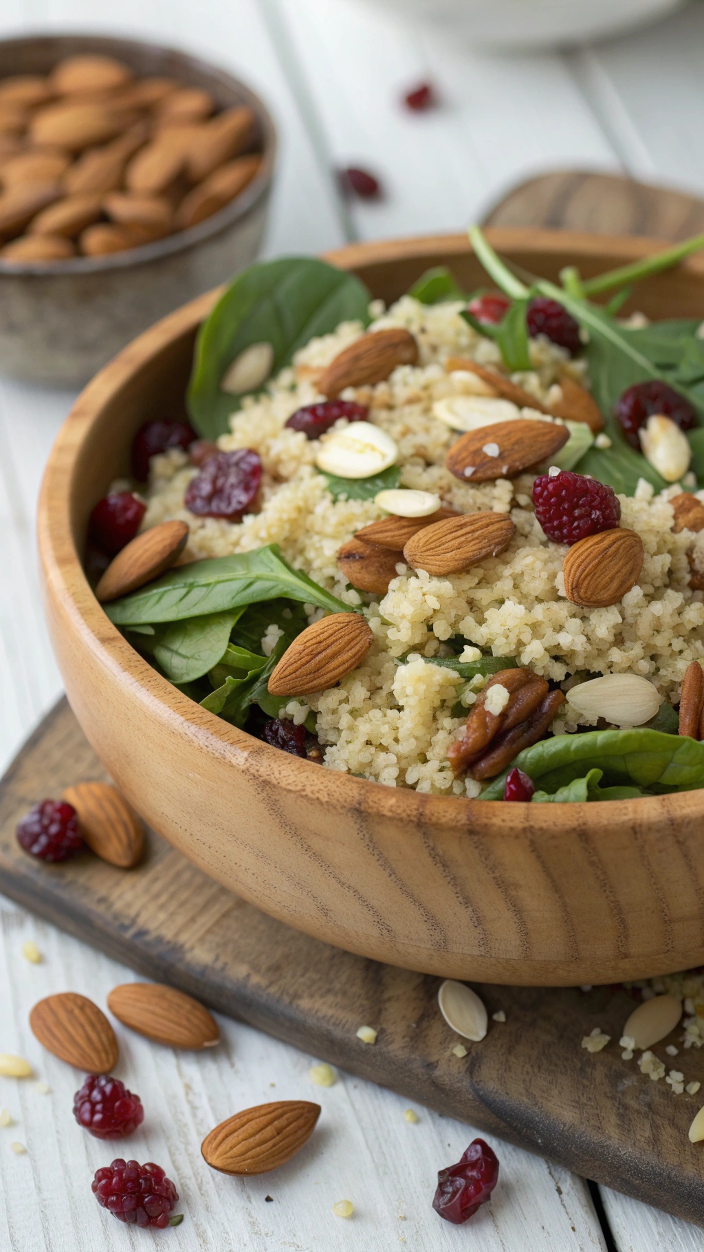 A colorful bowl of nutty quinoa salad with almonds and cranberries, garnished with fresh spinach.
