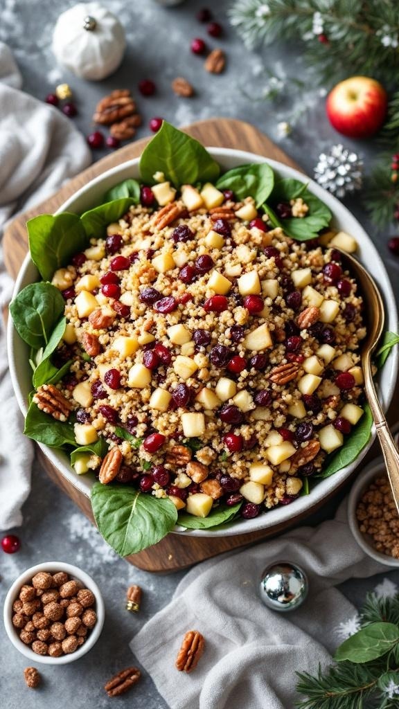 A colorful Nutty Quinoa Salad with cranberries and pecans, served on a bed of spinach.