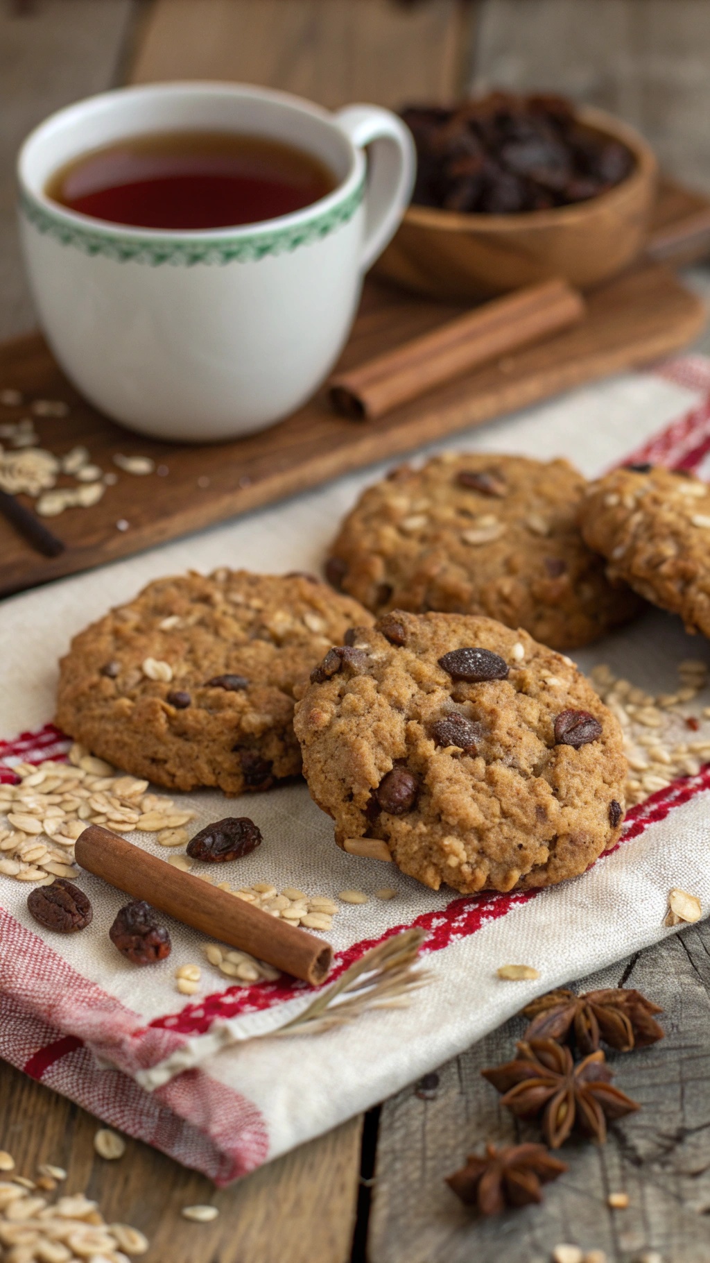 Nutty spiced oatmeal raisin cookies with a cup of tea and cinnamon sticks
