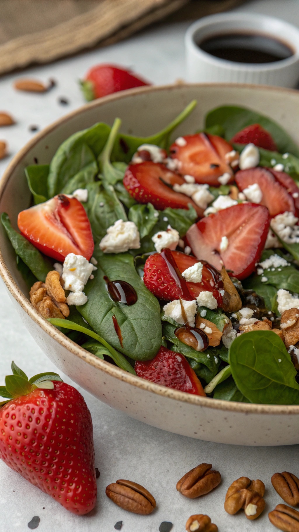 A bowl of Nutty Spinach and Strawberry Salad with strawberries, feta cheese, and pecans.