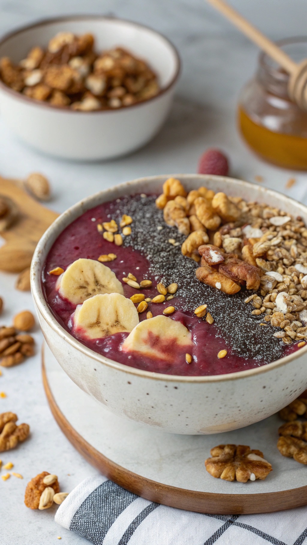 A delicious acai bowl topped with banana slices, chia seeds, walnuts, and granola.
