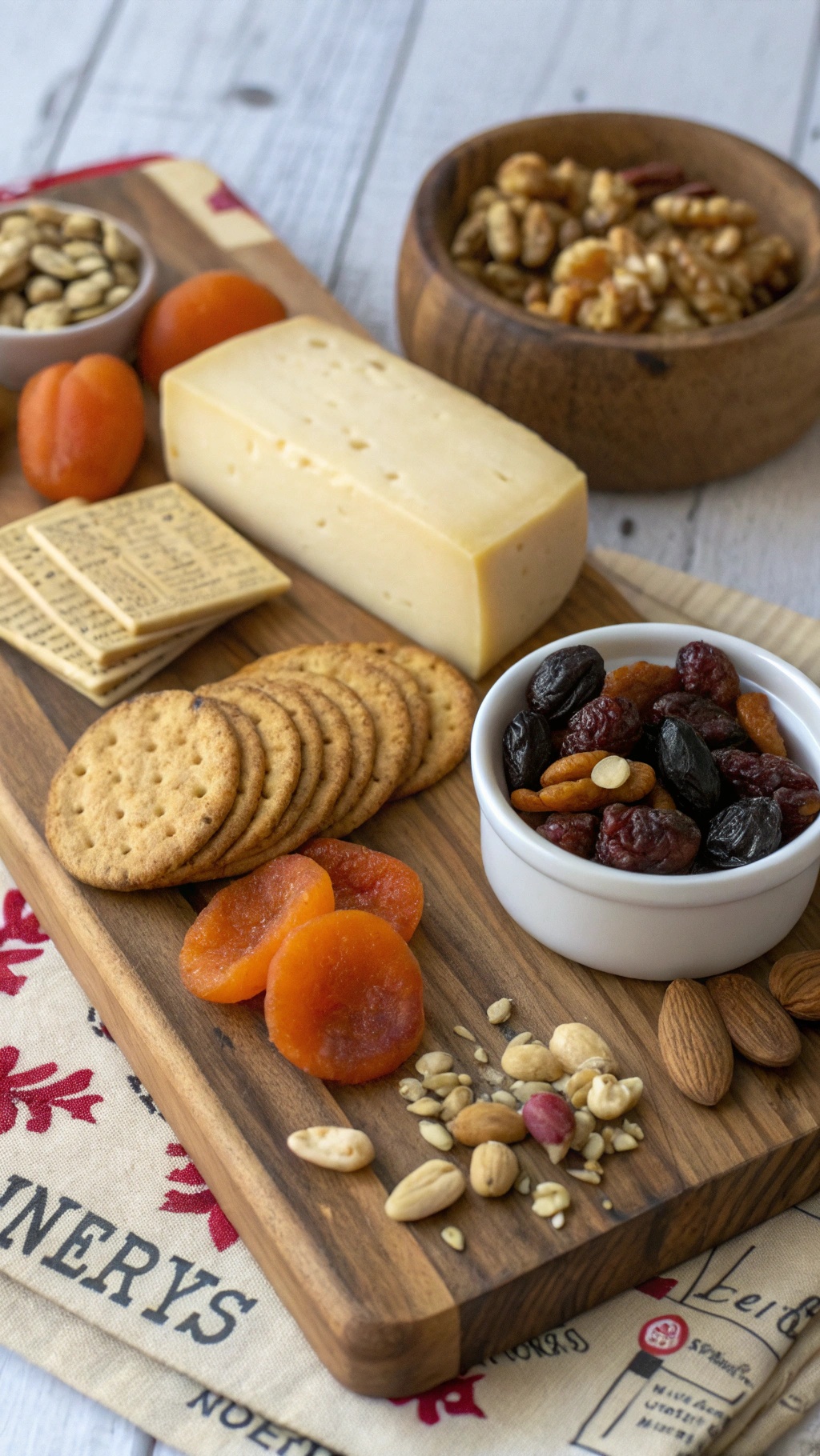 A cheese board featuring Swiss cheese, mixed nuts, dried fruits, and whole-grain crackers.
