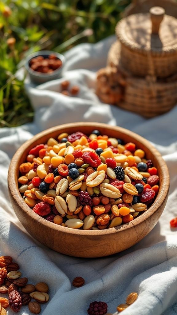 A bowl of colorful nutty trail mix with nuts, seeds, and dried fruits.