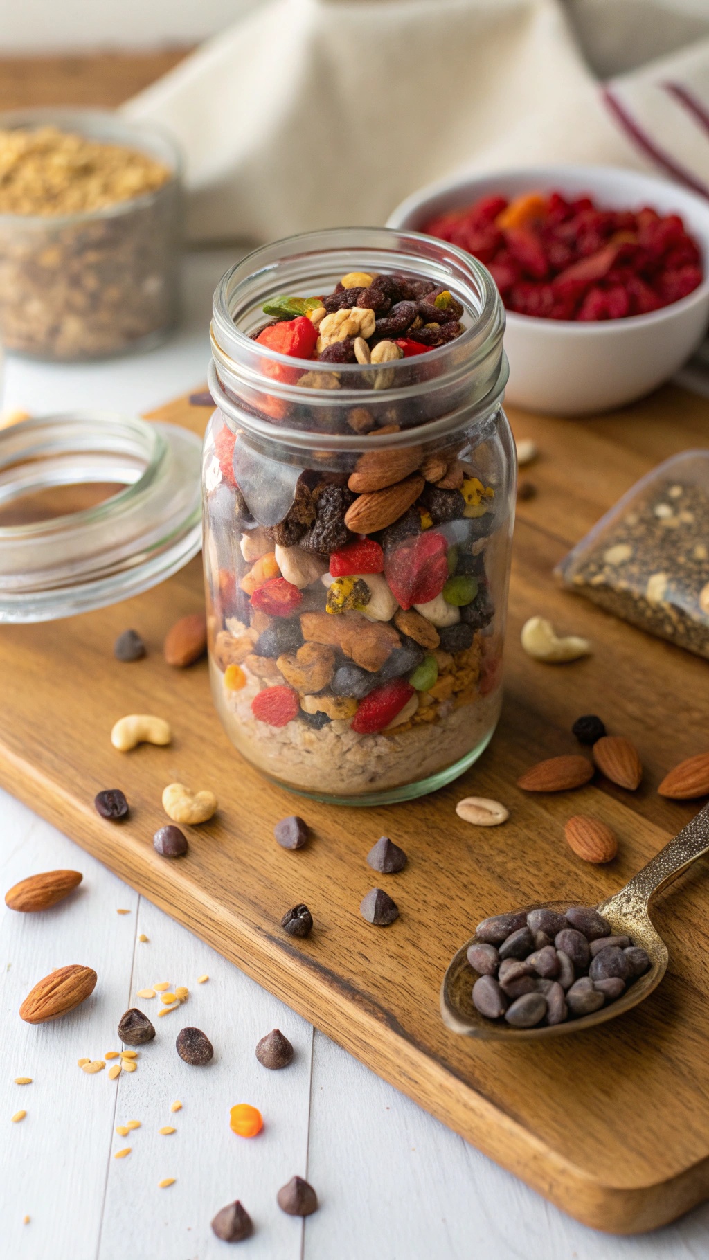 A jar filled with colorful trail mix containing nuts, dried fruits, and chocolate chips on a wooden surface.