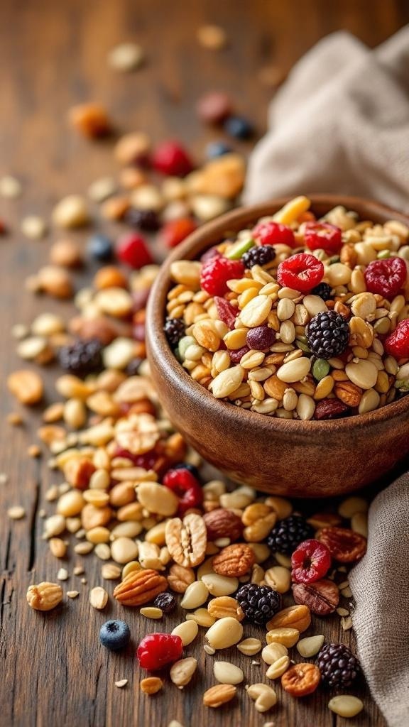 A bowl of nutty trail mix with seeds and dried fruits on a wooden table.