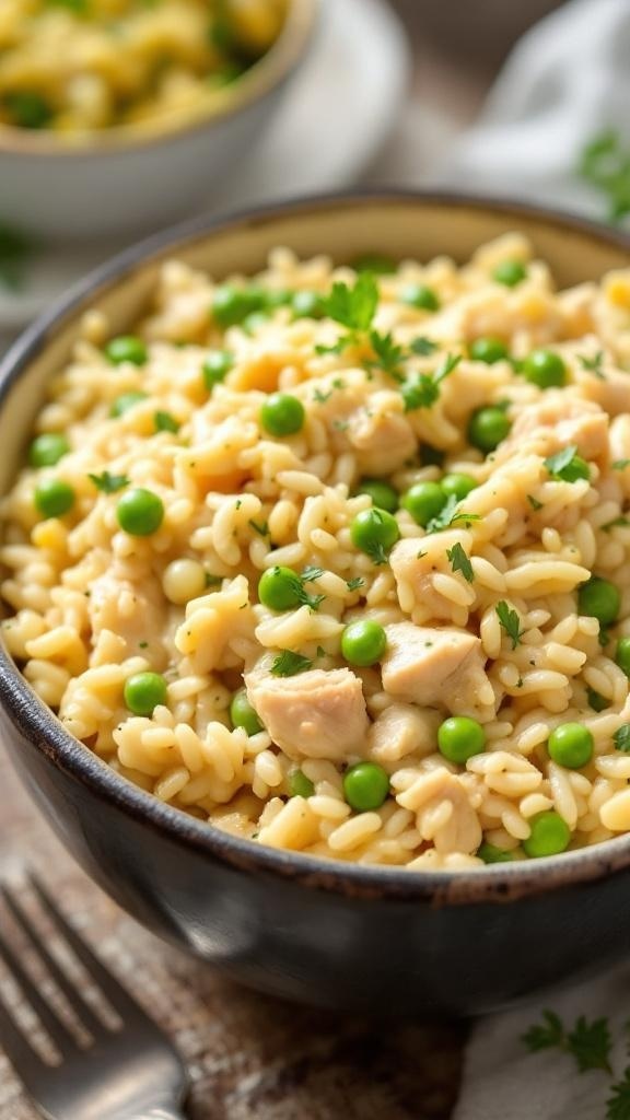 A bowl of chicken and rice casserole with peas and parsley