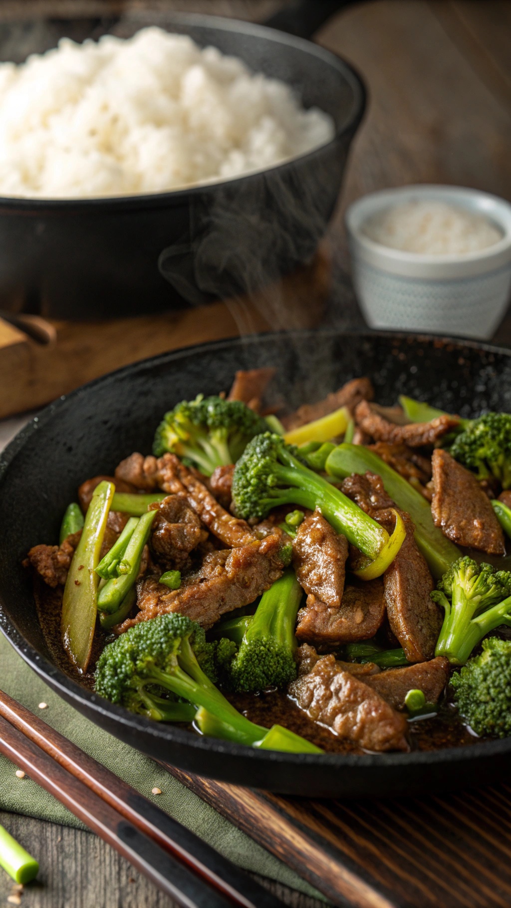 A delicious one-pan beef and broccoli stir-fry with rice in the background.