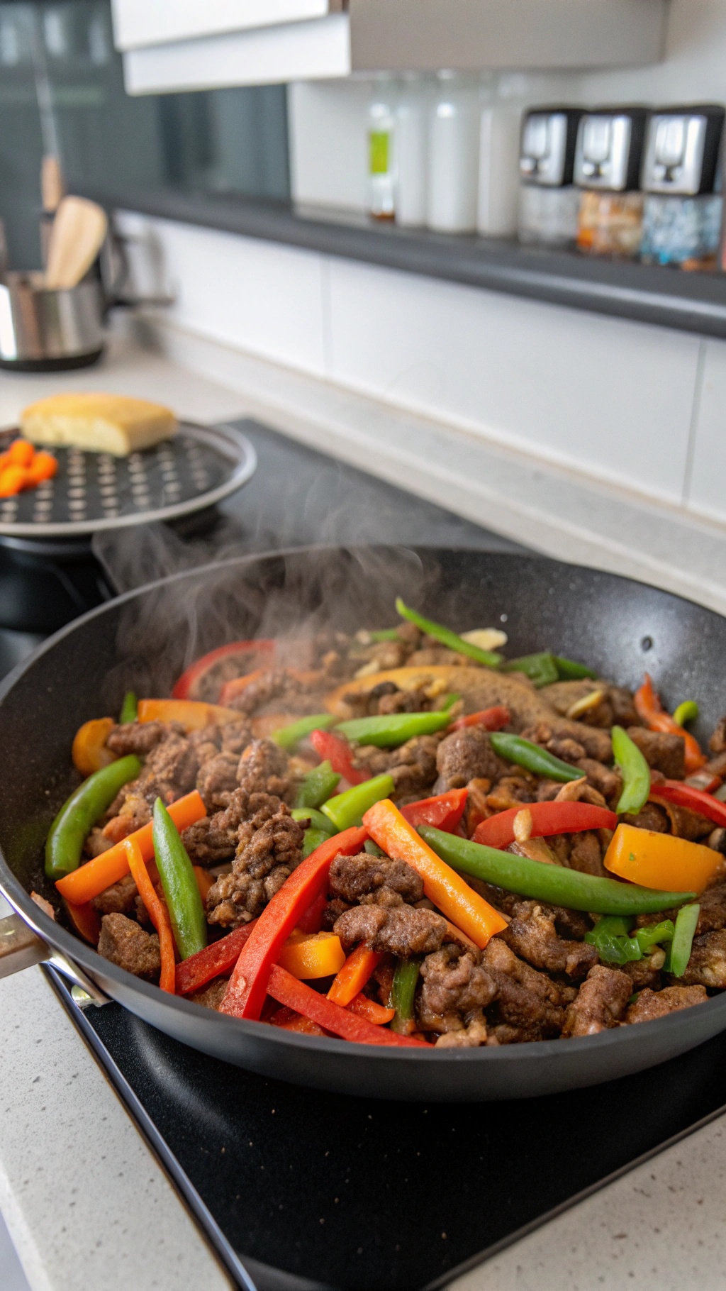 A colorful one-pan beef and vegetable stir-fry cooking in a skillet.