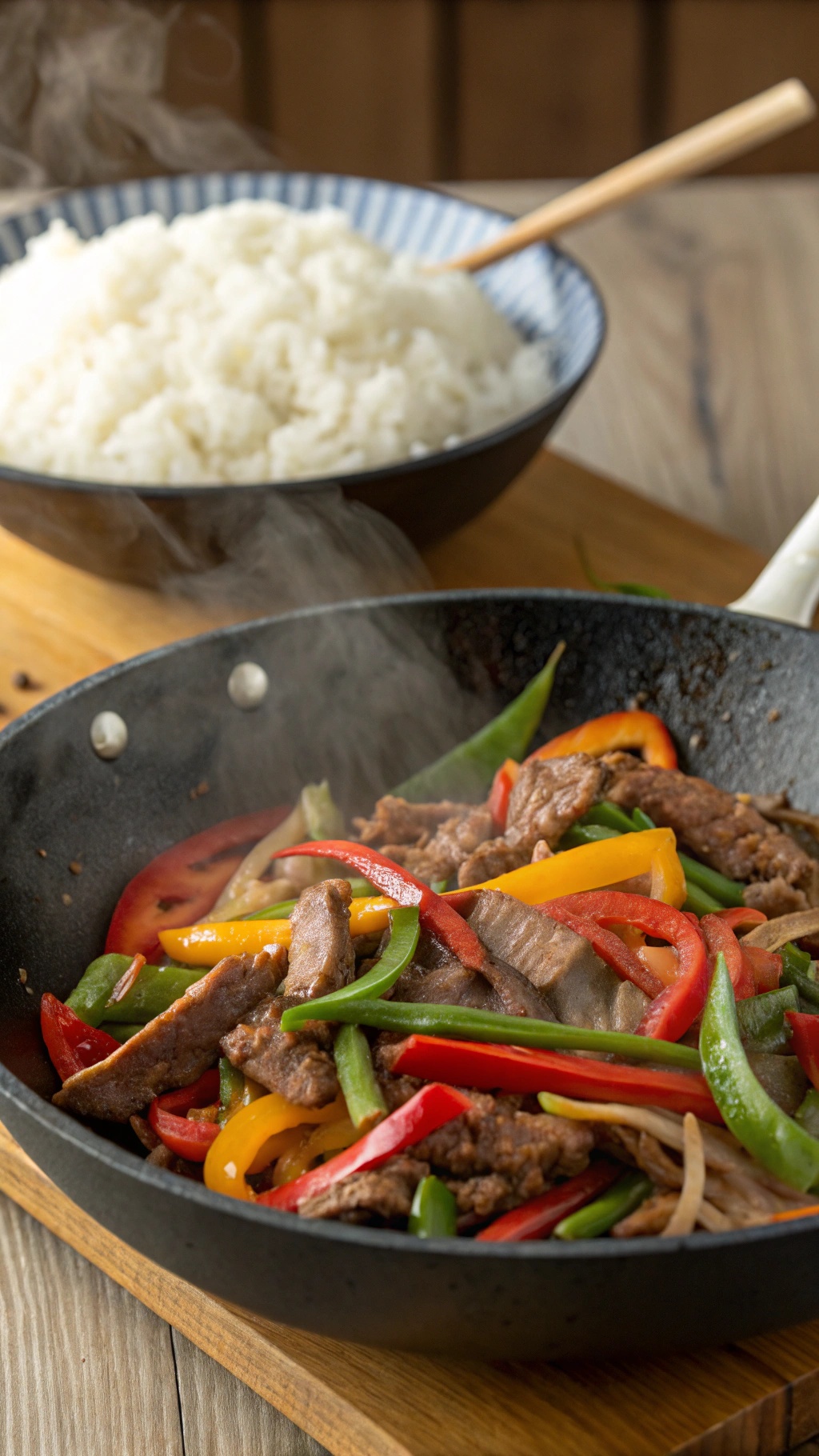 A colorful one-pan beef stir-fry with bell peppers and rice