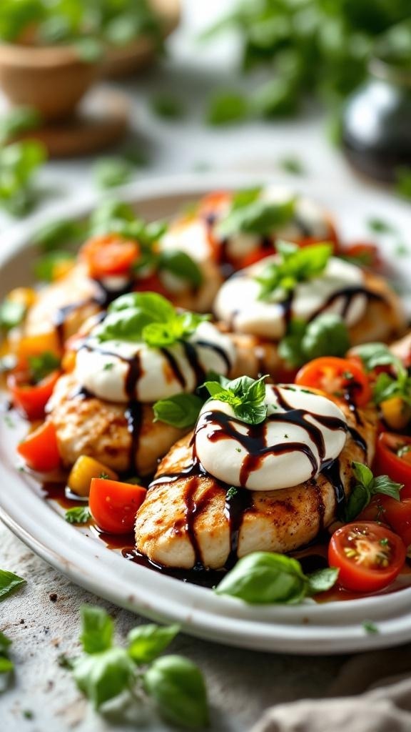 A plate of One-Pan Caprese Chicken topped with mozzarella, tomatoes, and basil.
