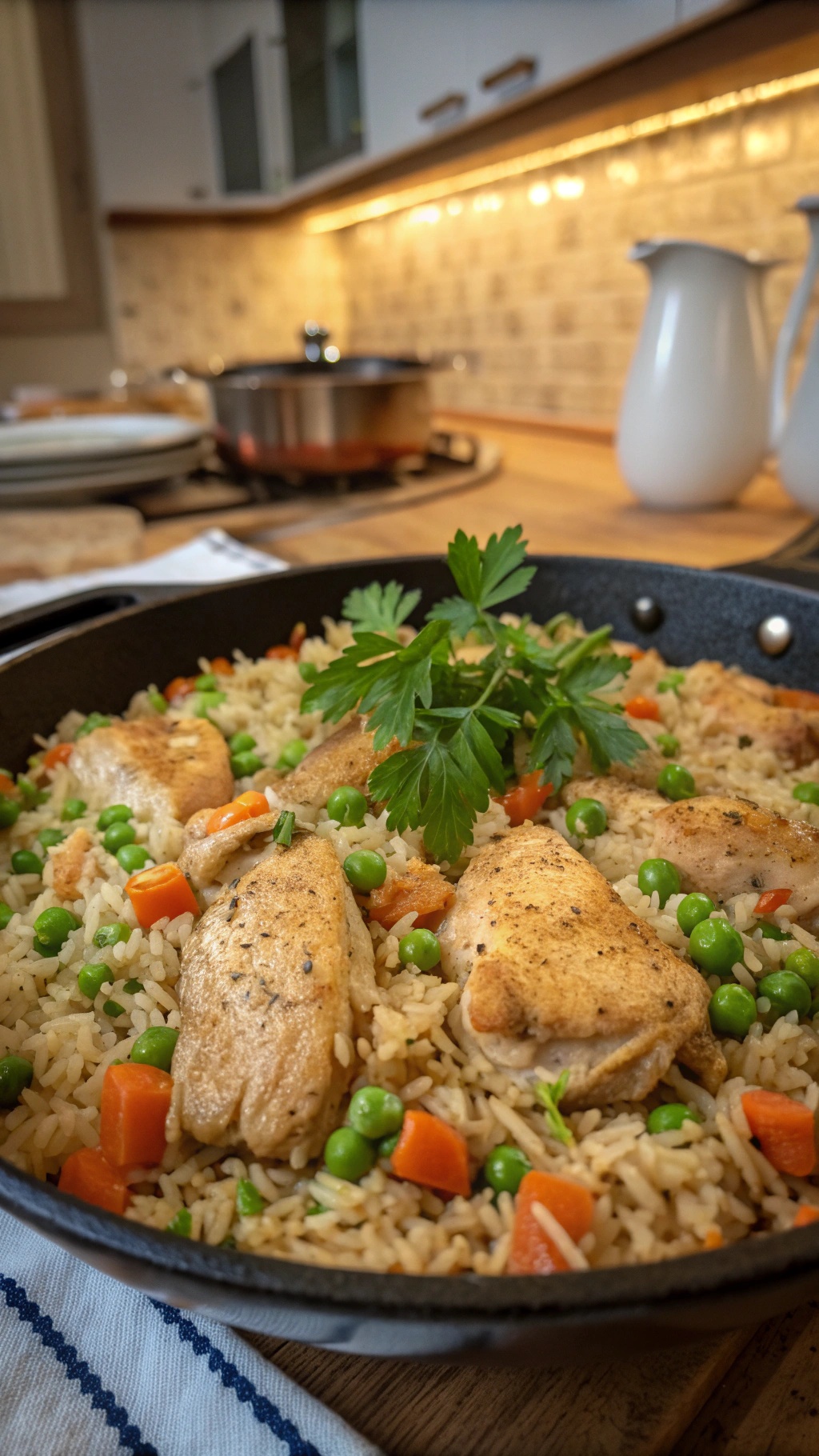 A skillet filled with chicken, rice, peas, and carrots, garnished with parsley.