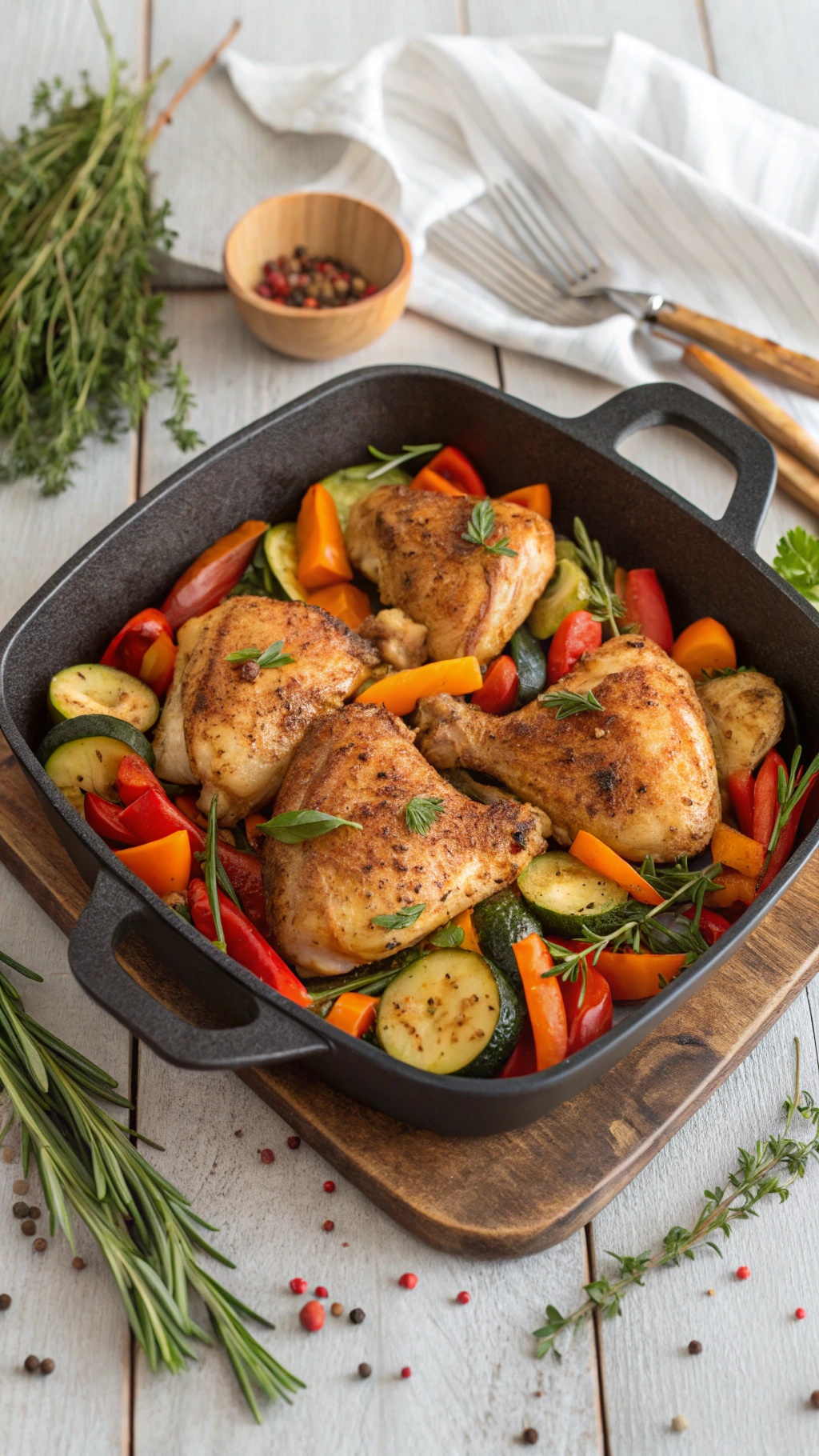 A one-pan meal featuring chicken thighs and colorful vegetables like bell peppers and zucchini.