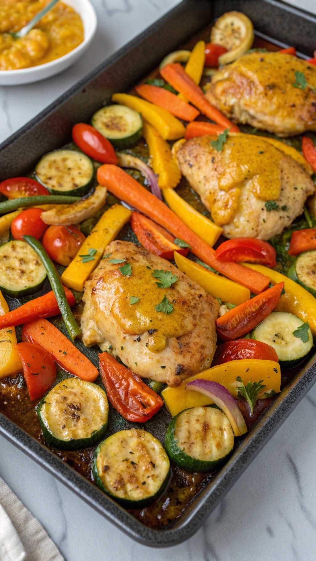 One-Pan Honey Mustard Chicken and Veggies with colorful vegetables and chicken thighs