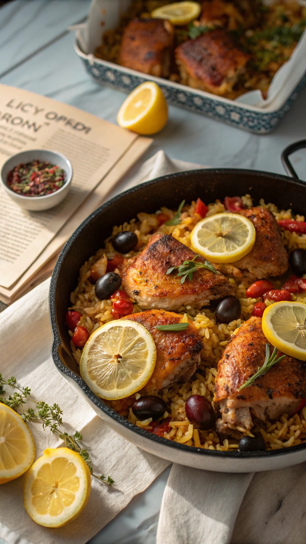 One-Pan Mediterranean Chicken and Rice with lemon slices and olives