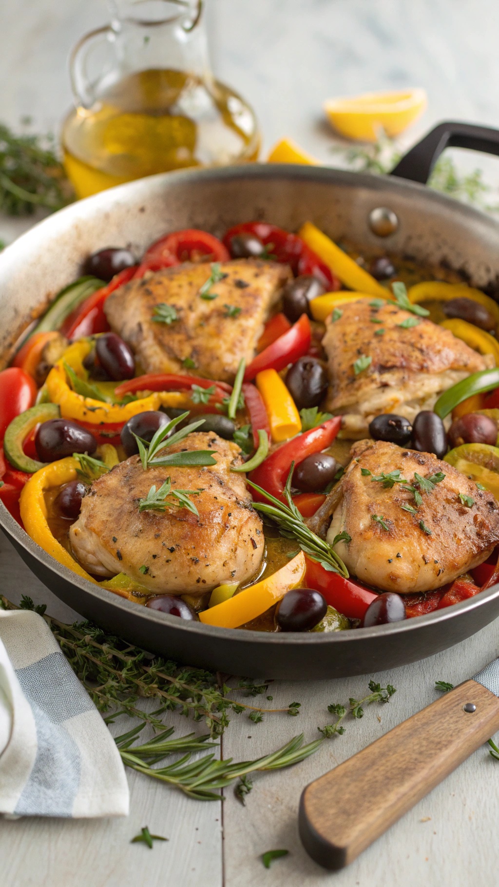 One-Pan Mediterranean Chicken with colorful vegetables and olives in a skillet
