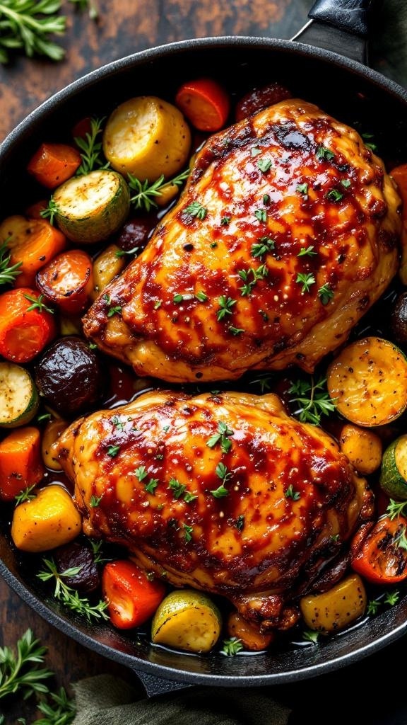 A skillet filled with sweet and spicy chicken thighs surrounded by colorful vegetables.