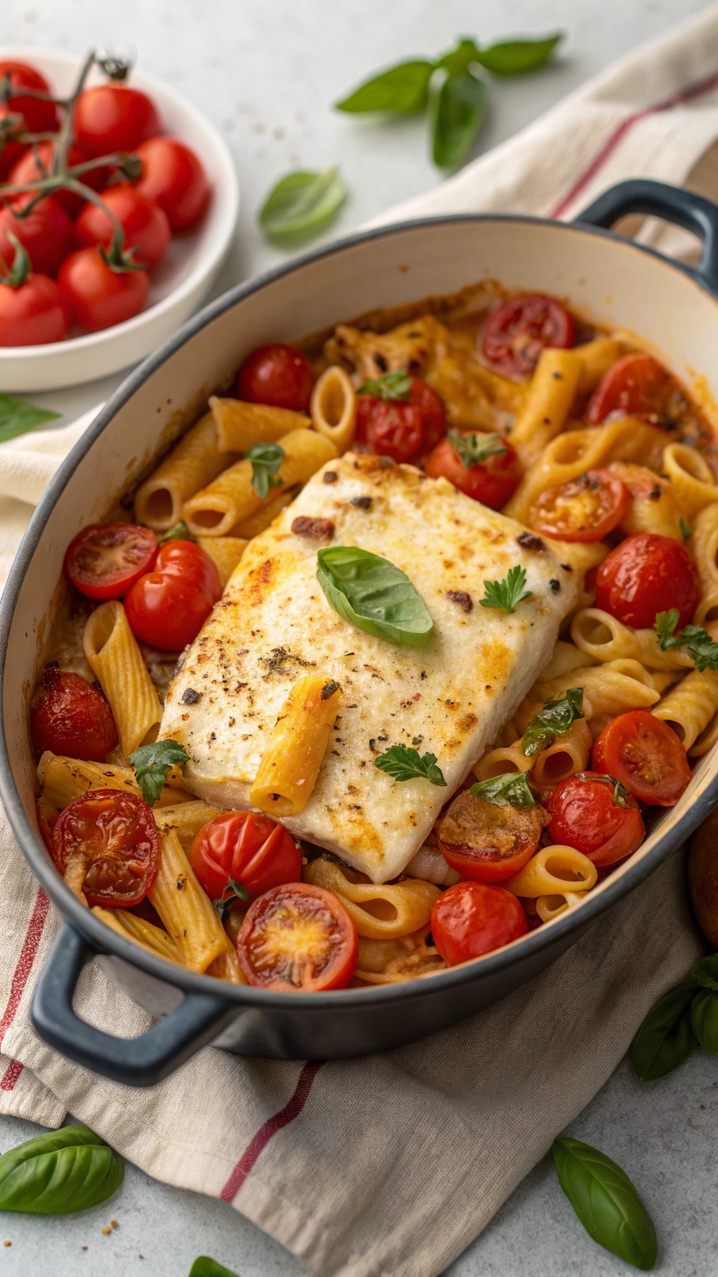 A baking dish filled with baked feta pasta, cherry tomatoes, and fresh basil.