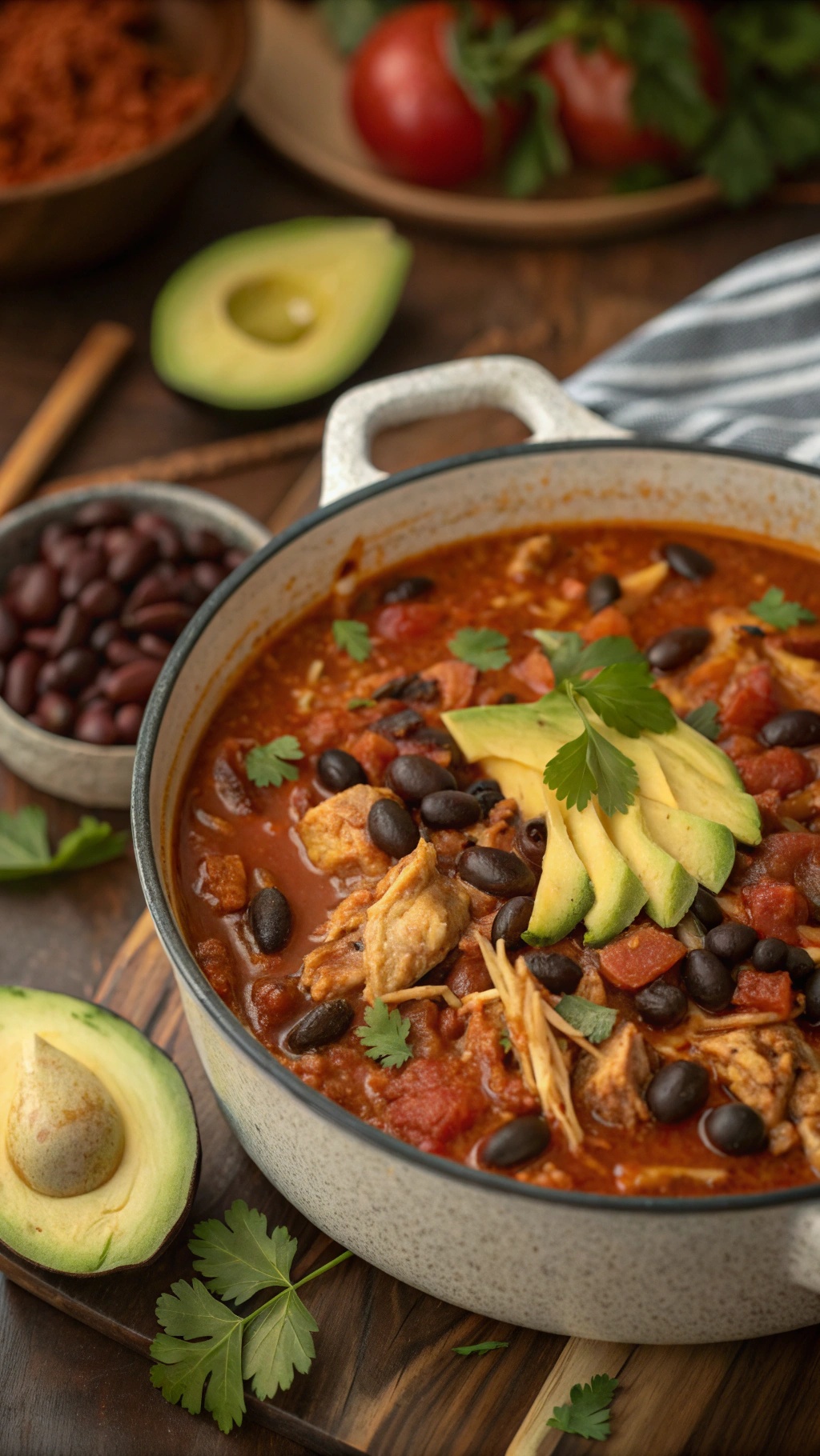 A bowl of chicken and bean chili topped with avocado slices and cilantro, surrounded by fresh ingredients.