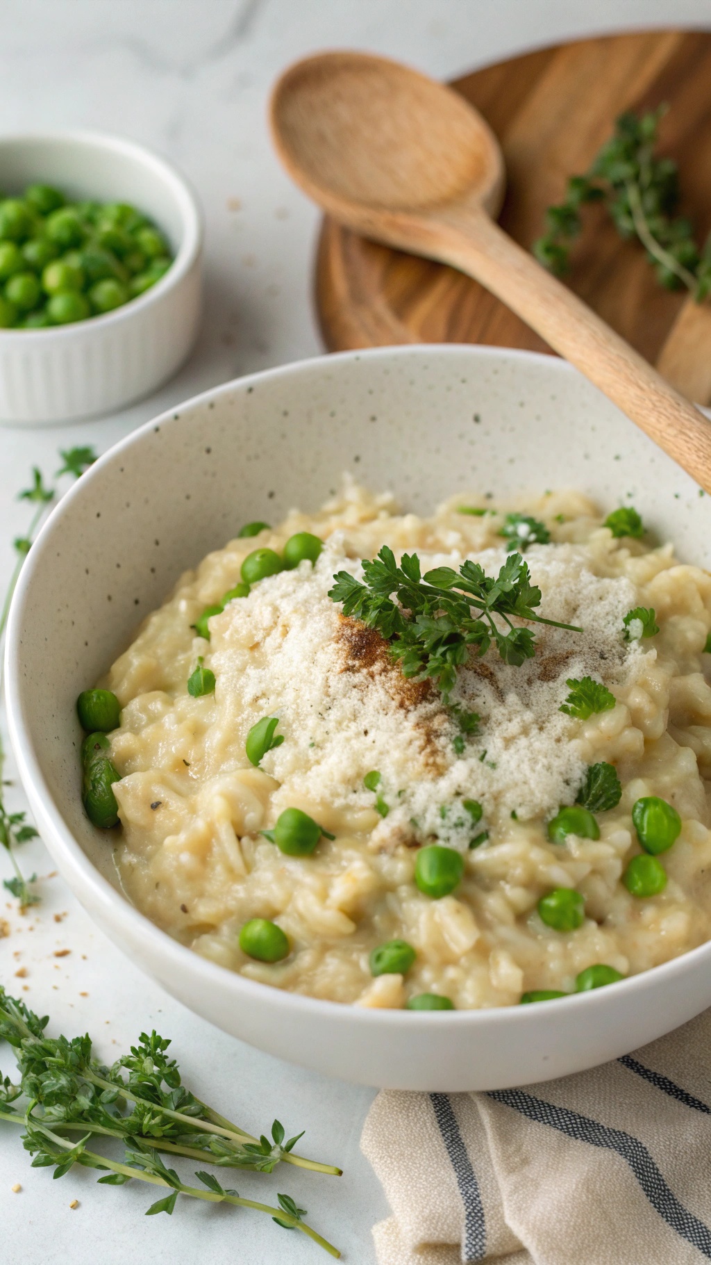 A bowl of creamy garlic parmesan risotto with peas, garnished with parsley and a wooden spoon beside it.