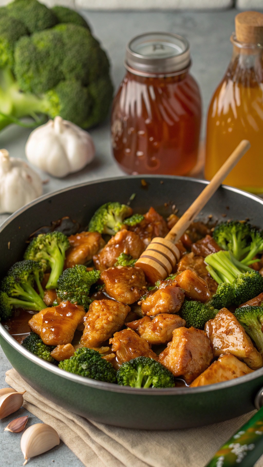 A skillet filled with honey garlic chicken and broccoli, with garlic cloves and jars of honey in the background.
