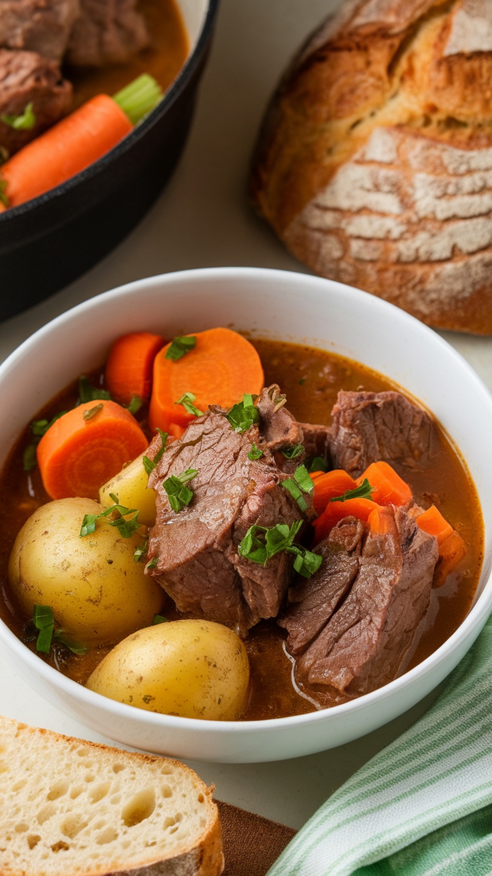 A bowl of One-Pot Mediterranean Beef Stew with chunks of beef, carrots, and potatoes.
