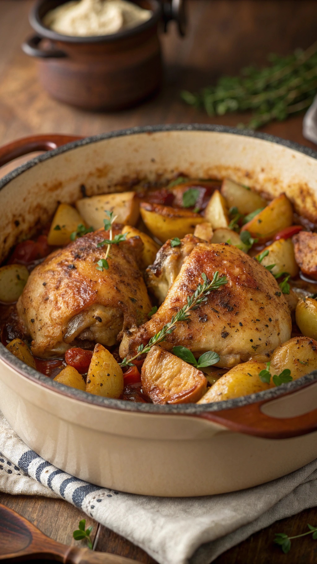 A one-pot Mediterranean chicken and potato bake with herbs and tomatoes