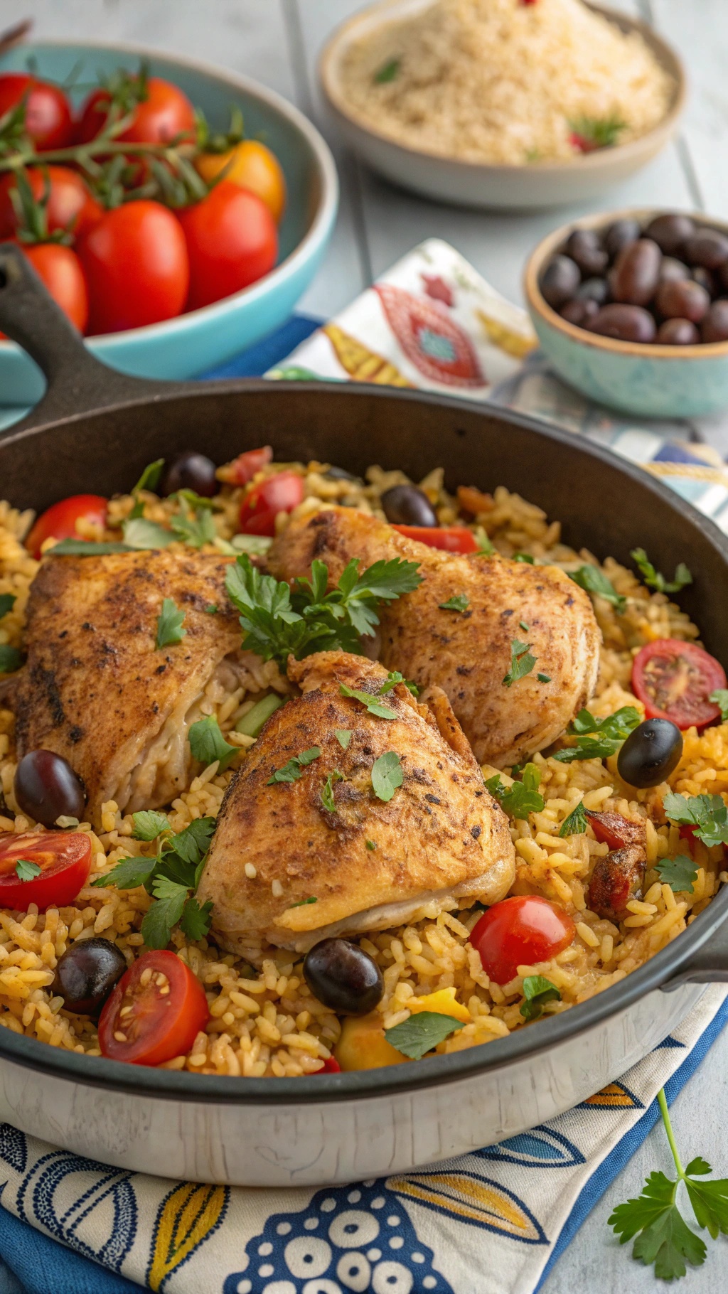 A delicious one-pot Mediterranean chicken and rice dish with vibrant colors and fresh ingredients.