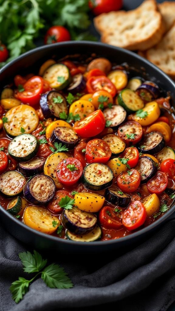 A colorful one-pot ratatouille with eggplant, zucchini, tomatoes, and herbs.