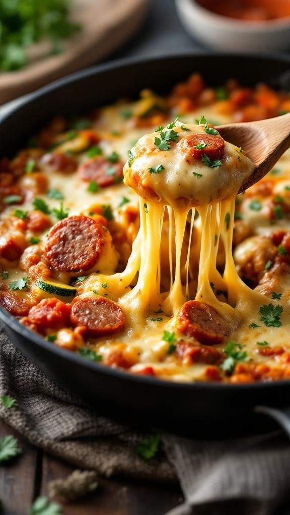 A skillet filled with cheesy zucchini and sausage, topped with melted cheese and garnished with parsley.