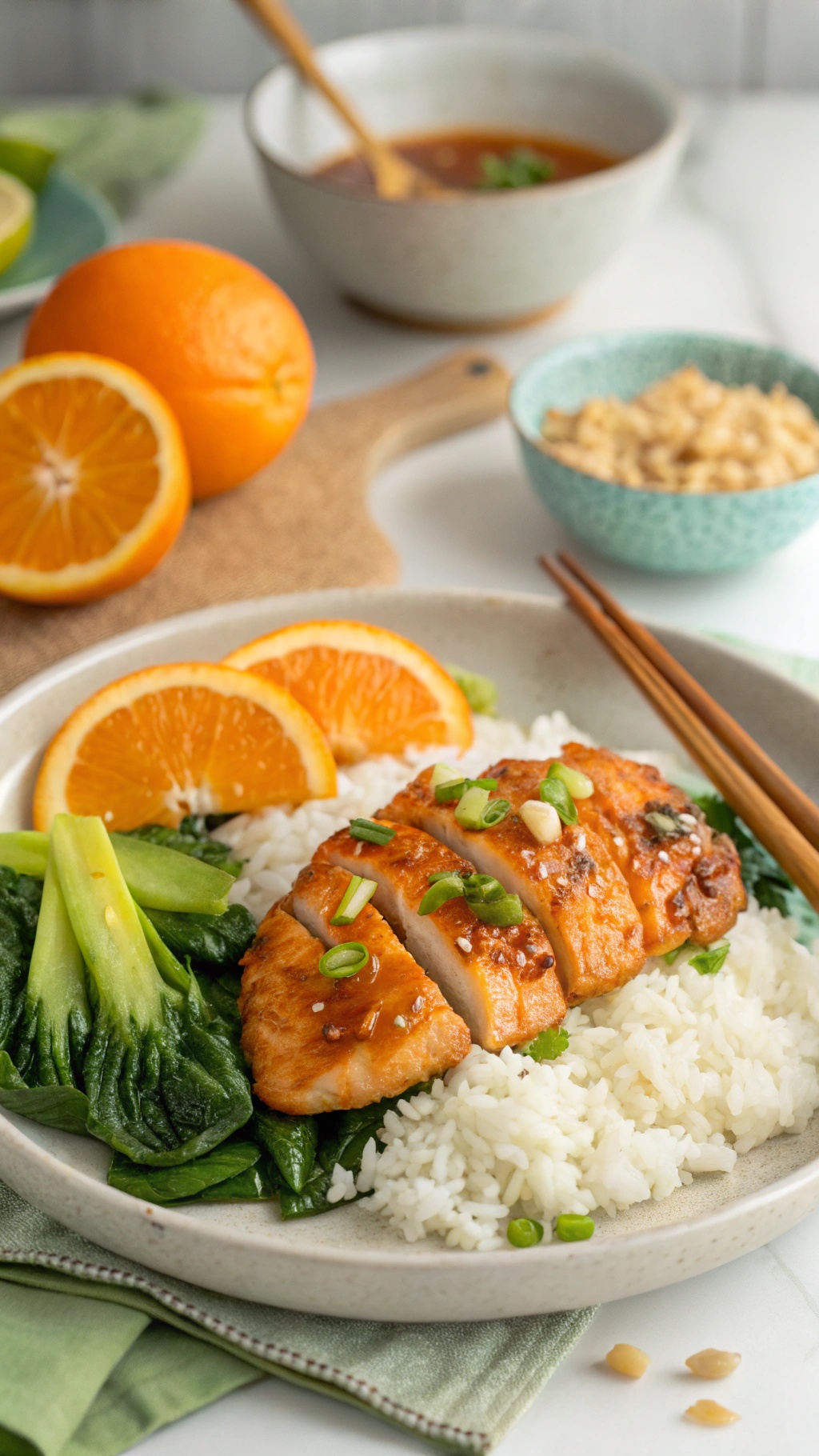 A plate of orange ginger chicken served with rice and greens, garnished with orange slices and green onions.