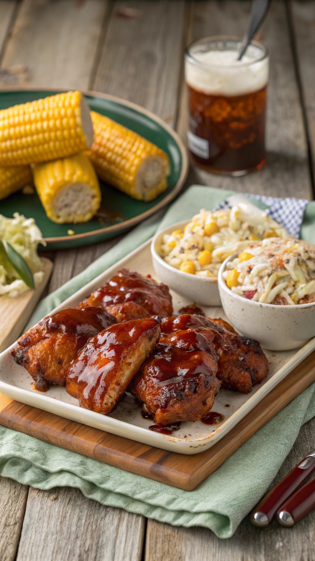 Oven-baked BBQ chicken served with corn on the cob and coleslaw