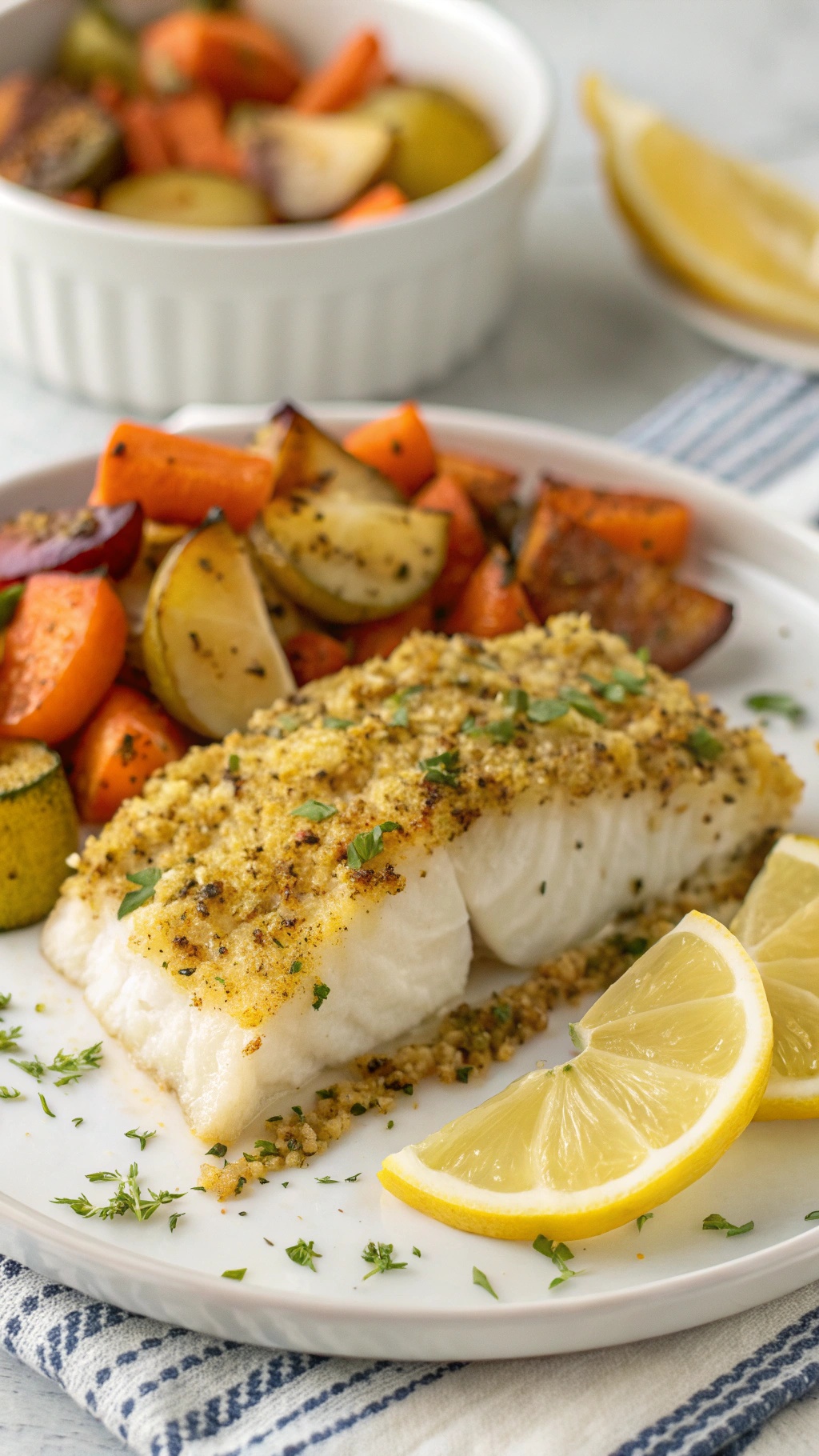 Oven-baked herb-crusted cod served with roasted vegetables and lemon slices