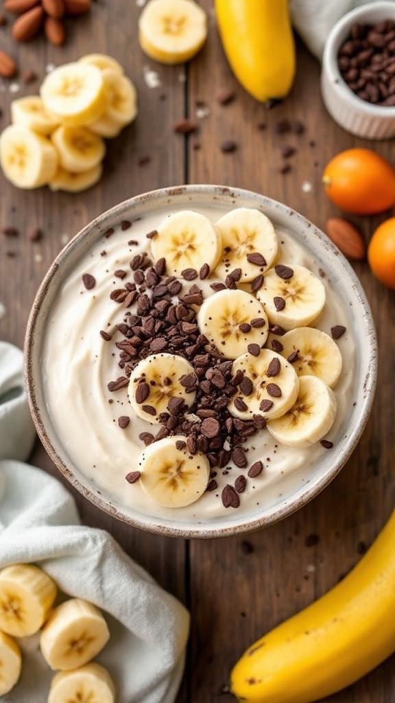 A bowl of banana pudding topped with banana slices and chocolate chips, surrounded by fresh bananas and almonds.