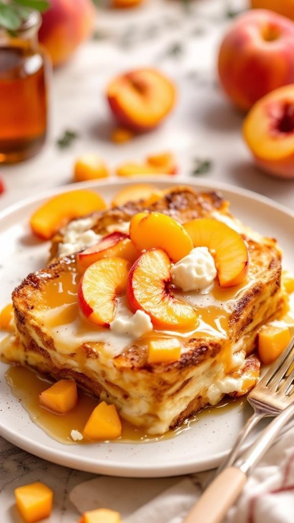 A delicious Peach and Cream Cheese Overnight French Toast Casserole topped with fresh peach slices and syrup.