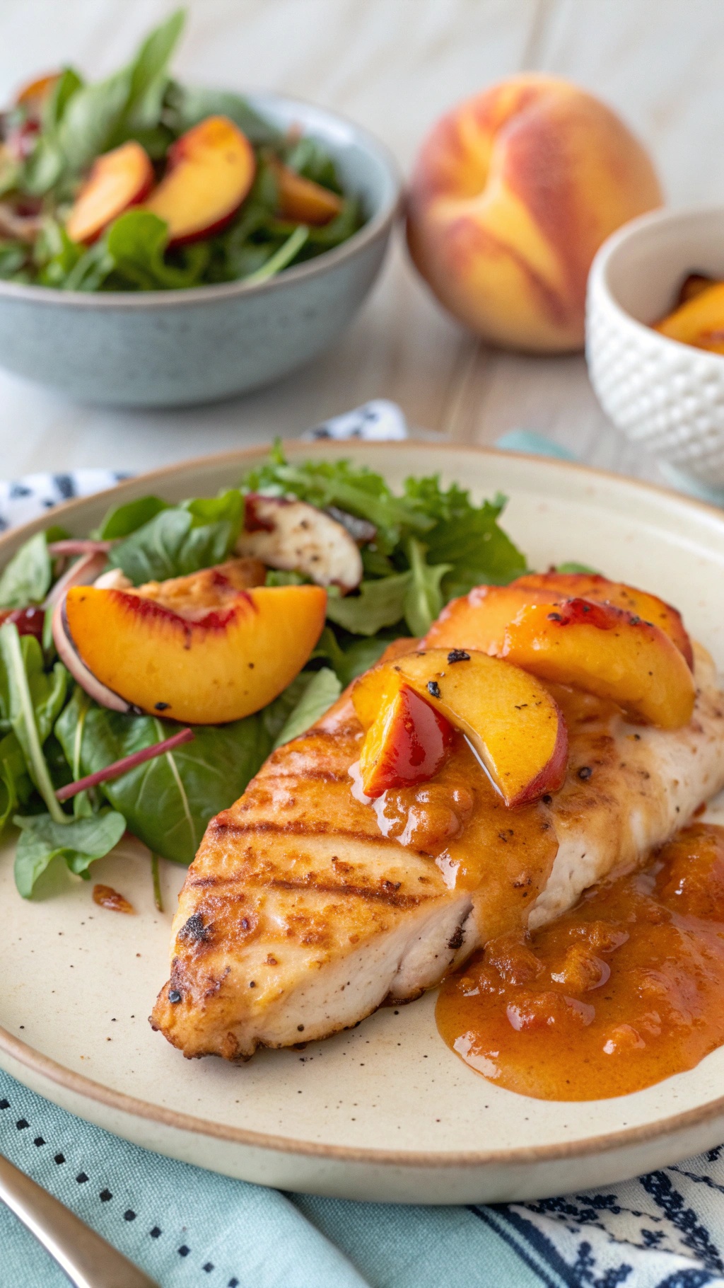 A plate of peach glazed chicken breast with fresh peach slices and a side salad.