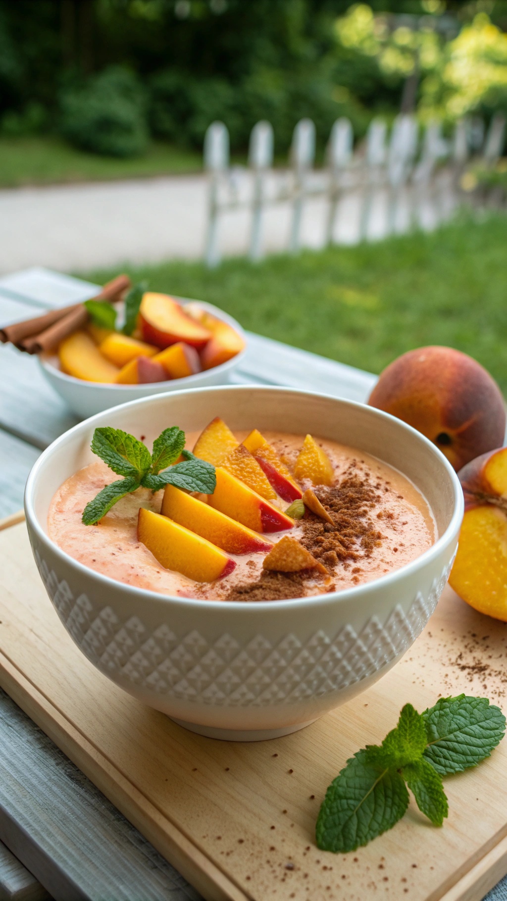 A delicious peach smoothie bowl topped with fresh peach slices, cinnamon, and mint leaves.
