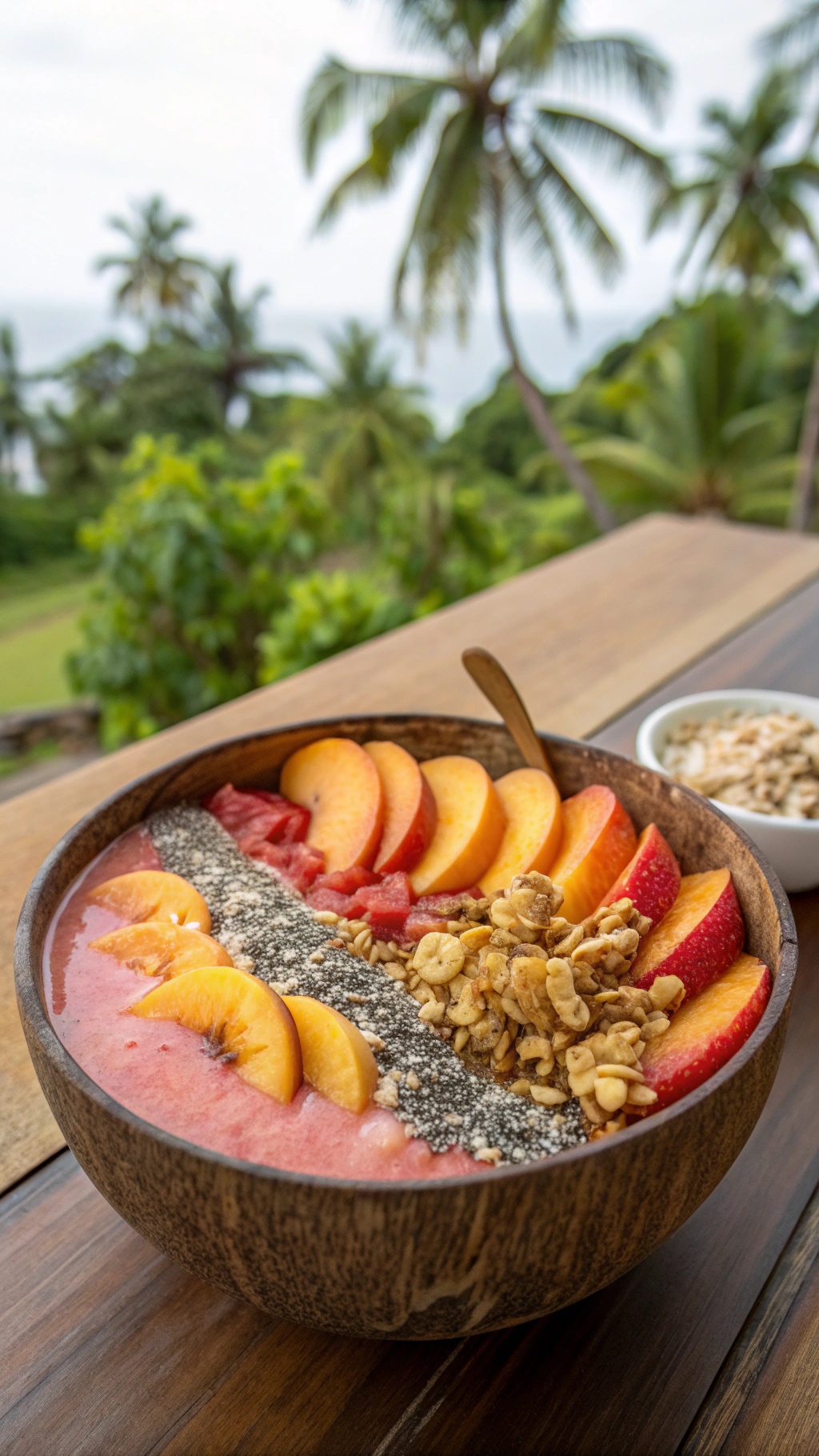 A colorful peach smoothie bowl topped with fresh peach slices, granola, and chia seeds, set against a tropical backdrop.