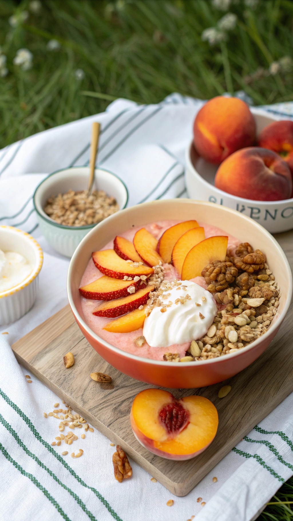 A peach and yogurt protein bowl topped with sliced peaches, granola, and walnuts, set on a wooden board.