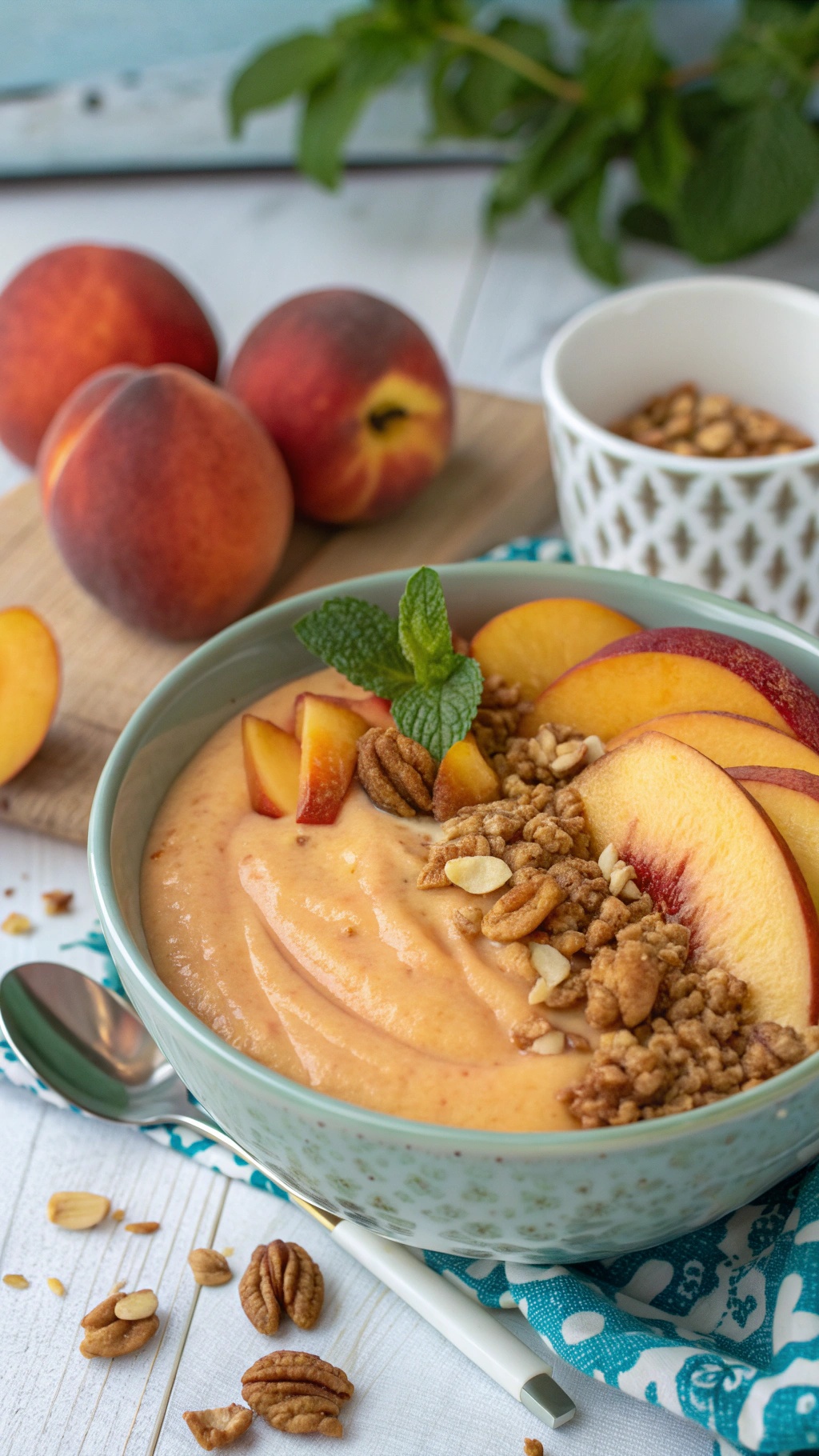 A peach smoothie bowl topped with peach slices, granola, nuts, and mint leaves, with fresh peaches in the background.