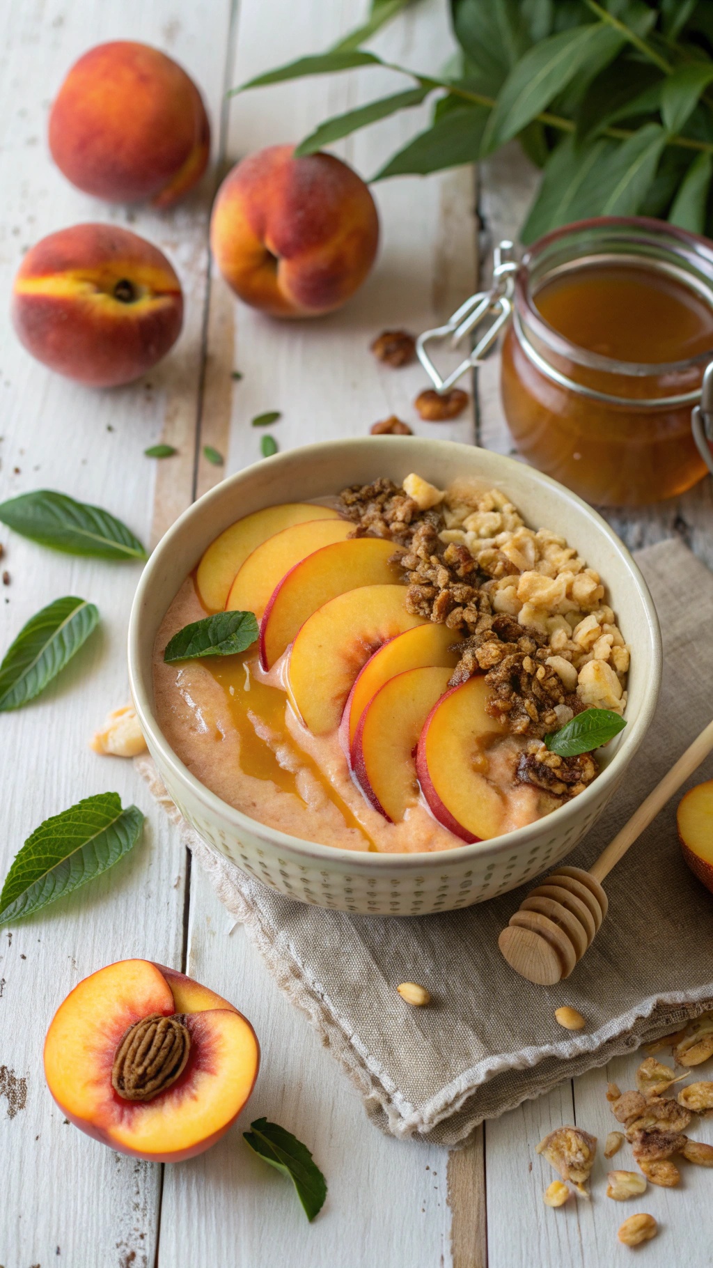 A delicious Peachy Keen Smoothie Bowl topped with peach slices, granola, and mint leaves.