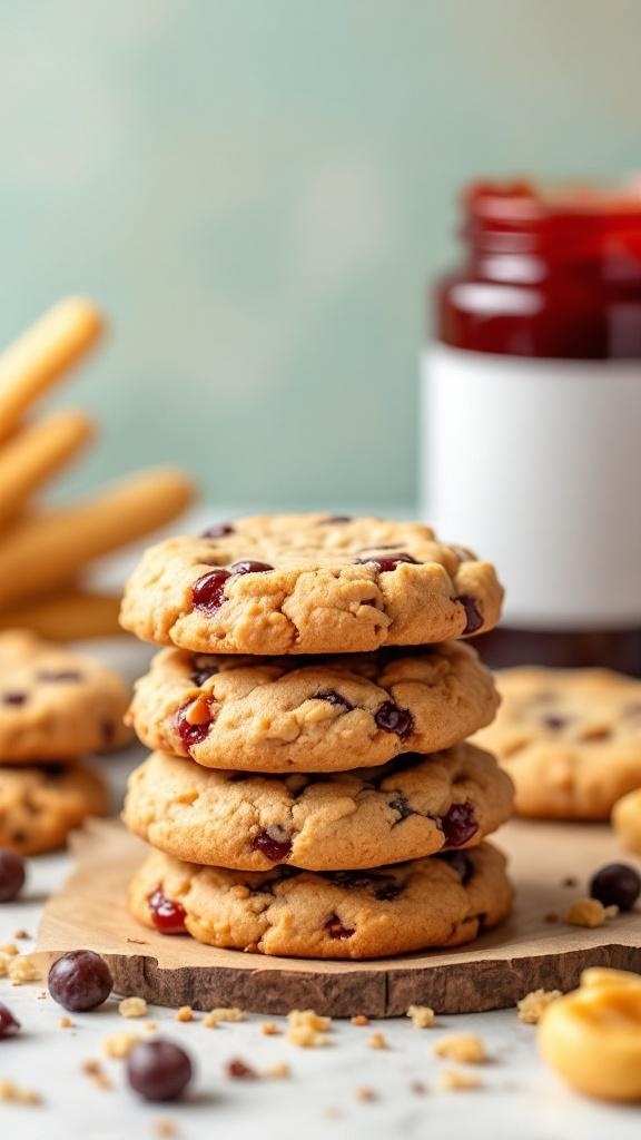 A stack of peanut butter and jelly protein cookies on a wooden board with a jar of jelly in the background.