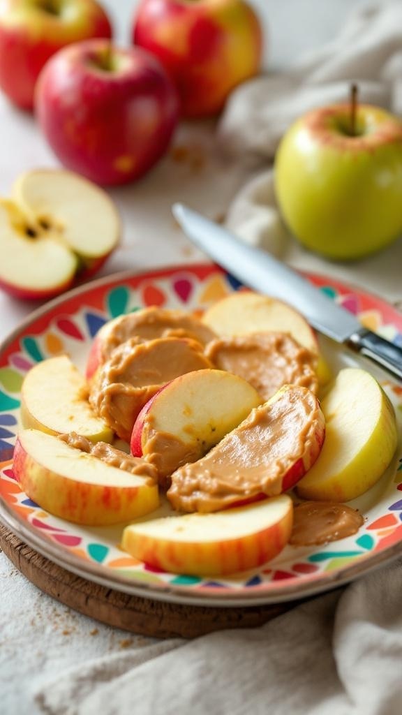 A colorful plate with apple slices topped with peanut butter, surrounded by whole apples.