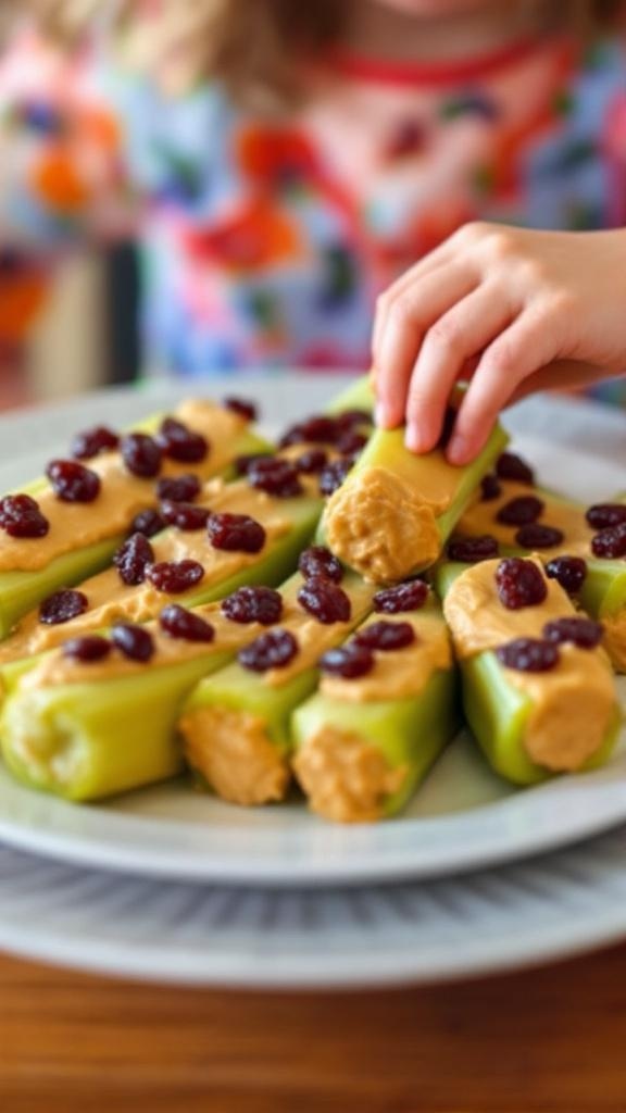 Celery sticks topped with peanut butter and raisins, ready to be enjoyed as a healthy snack.